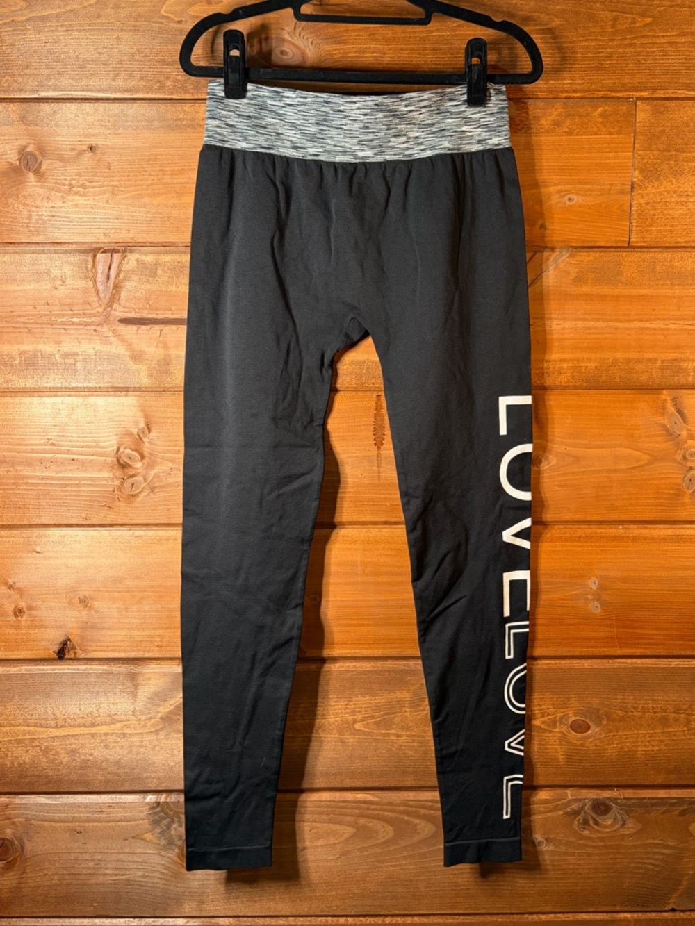 Soho Girls Black Leggings with Heather Gray Waistband and White LOVE Print L/XL